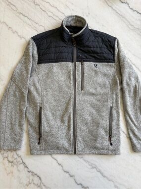 Men's Grey Full-Zip Sweater Jacket with Black Quilted Yoke